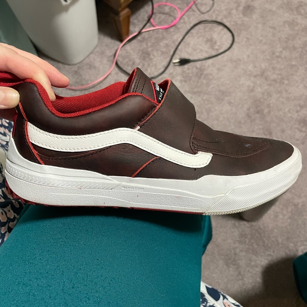 VANS, men’s size 7.5, dark red with a velcro strap